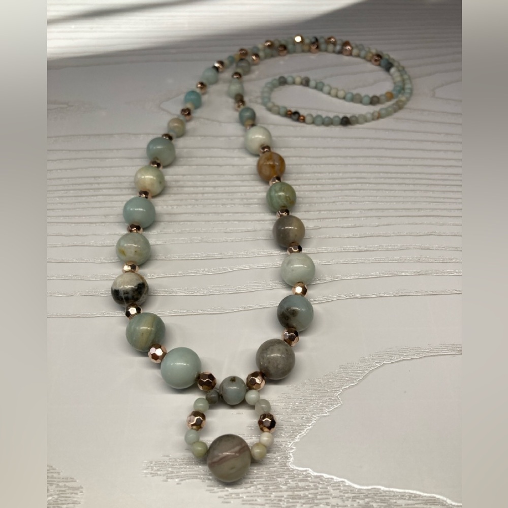 ✨Handmade Amazonite & Faceted Rose Gold Beaded Necklace